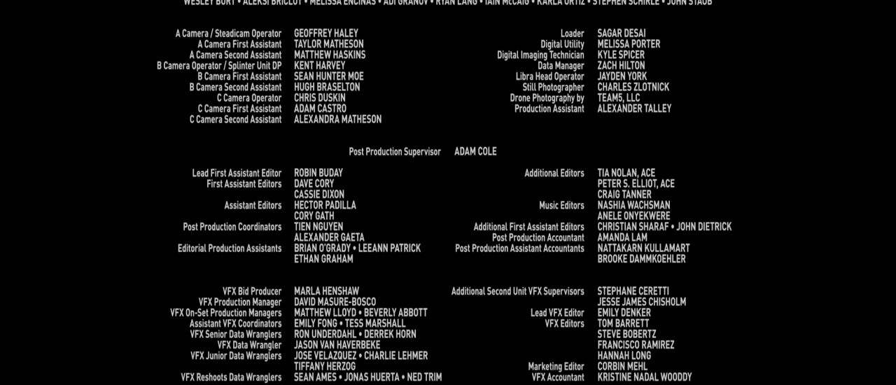 The end credits of Avengers: Endgame, showing departments and individual roles in the production.