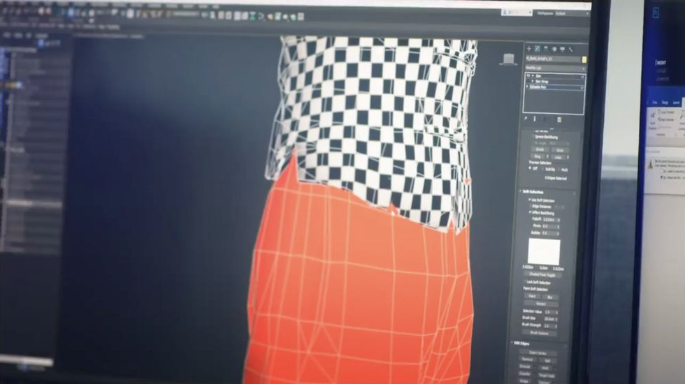 Behind the scenes at PUBG: a developer inspecting a clothing model and checkerboard texture in 3D software.