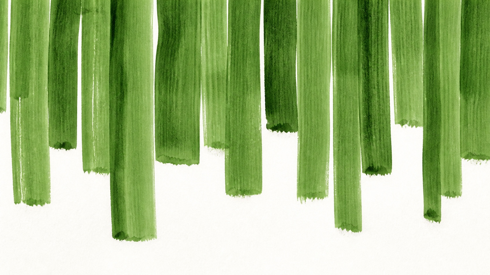 Hand-painted green brushstrokes descend across warm white paper, ending in irregular edges above generous negative space.
