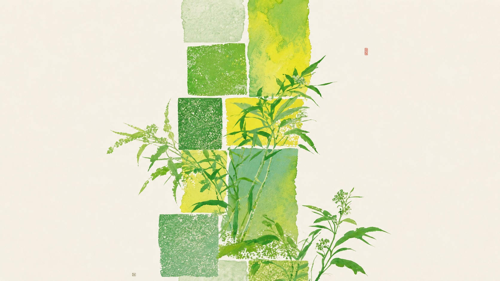 A collage of green paper squares and wild plants climbing upward on a pale field, like sessions stacking into a living system.
