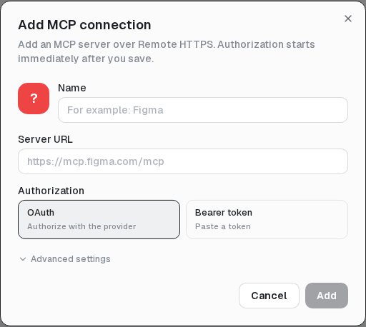 An MCP connection uses OAuth or a bearer token with a Remote HTTPS server.