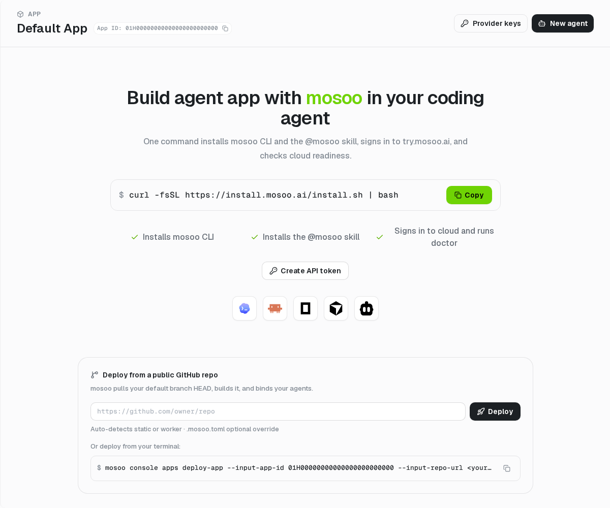 The App Overview connects Agent setup, CLI onboarding, and deployment.