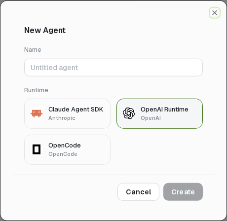 The New Agent dialog offers Claude Agent SDK, OpenAI Runtime, and OpenCode.