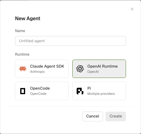The New Agent dialog offers Claude Agent SDK, OpenAI Runtime, OpenCode, and Pi.
