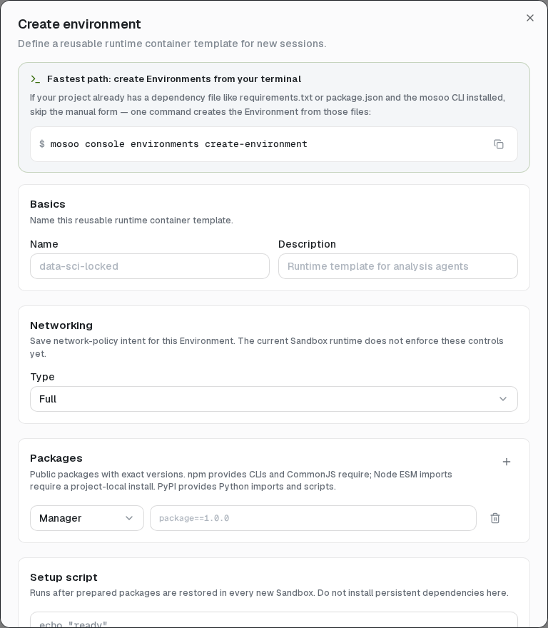 The Environment editor defines packages, setup, variables, and network intent.