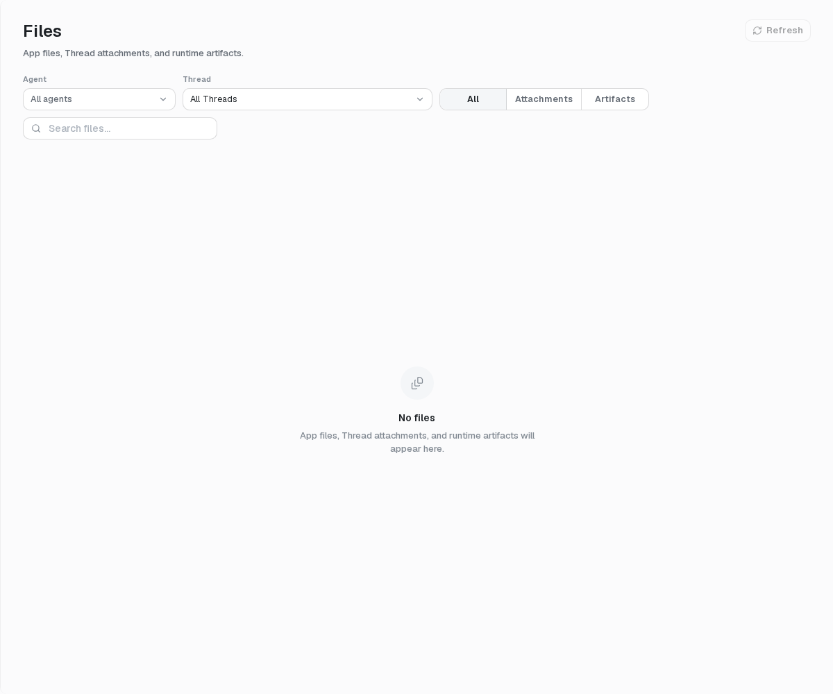 Files are grouped by App, Agent, Thread, attachment, and artifact role.