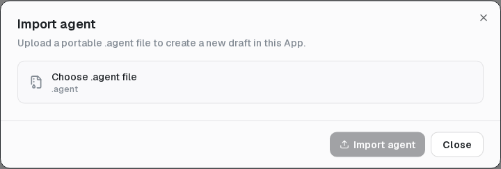 Import creates a new draft from a portable .agent package.