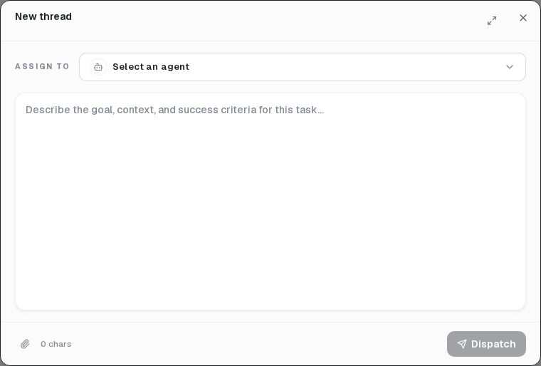 A new Thread assigns one Agent and one initial task.