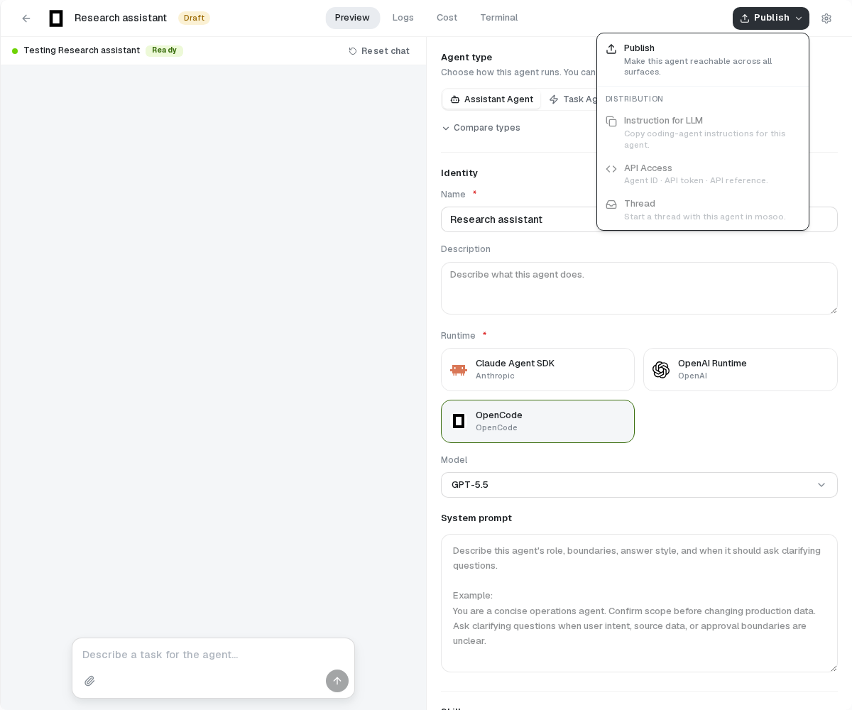 The Publish menu exposes Thread, API Access, and coding-agent instructions.